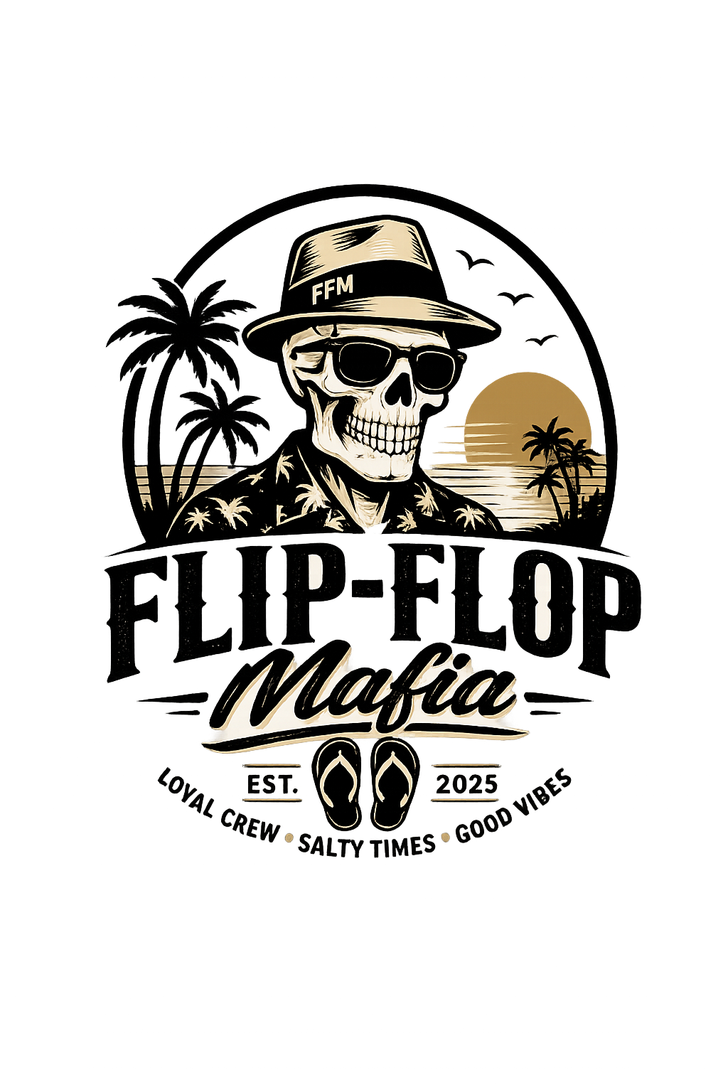 FlipFlop Mafia — skull in a fedora and Hawaiian shirt at sunset